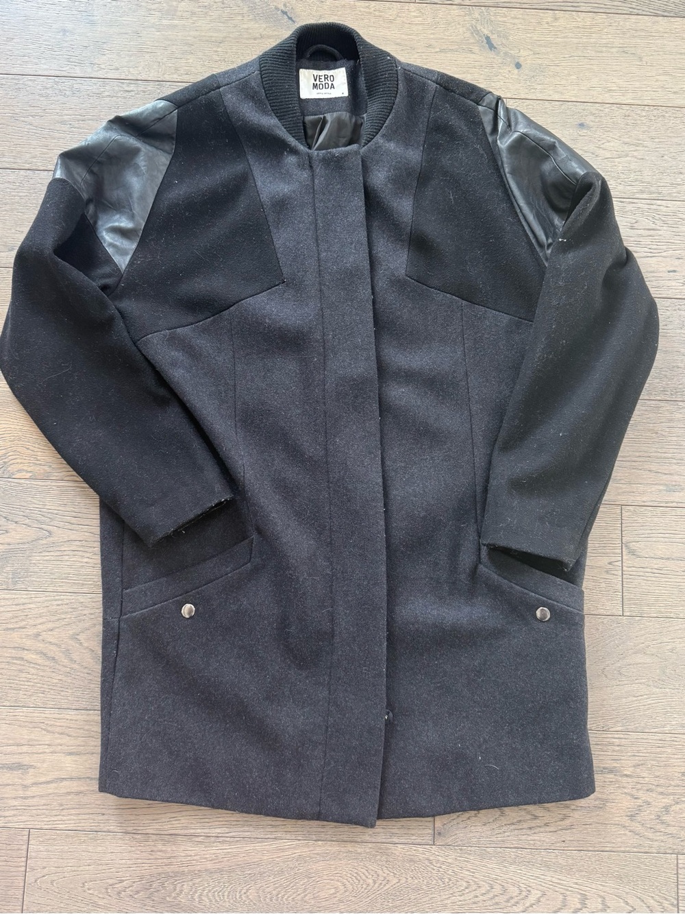 Vero Moda Black Wool-Blend Trench Coat with Leather-Trim Sleeves